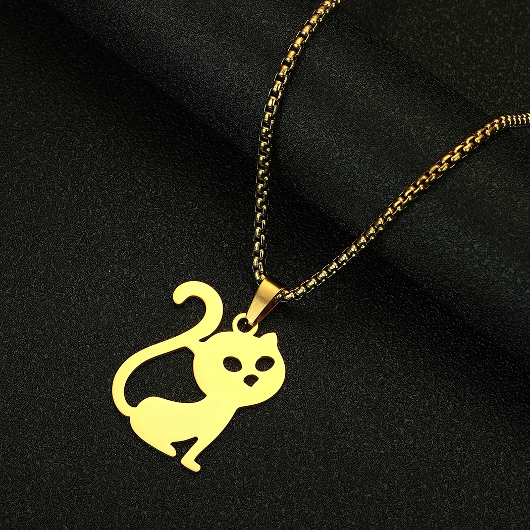 Gold Color Wolf Head Hollow Charms Men Necklace Stainless Steel Pendant Keel Chain Women Cat Choker Hip Hop Punk Blade Jewelry