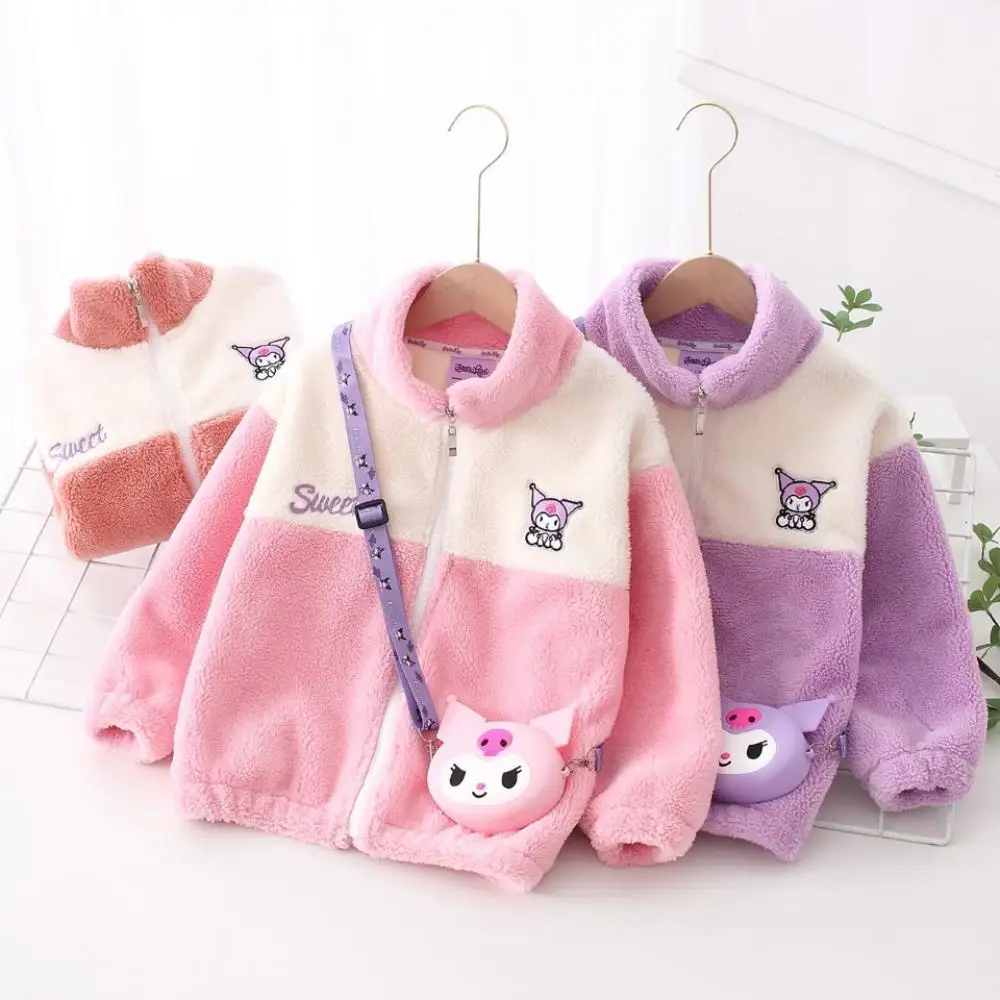 

Kawaii Sanrio Kuromi Girls Fleece Coat Kids Anime Long Sleeve Thickened Warm Turtleneck Jacket Children's Autumn Winter Clothing