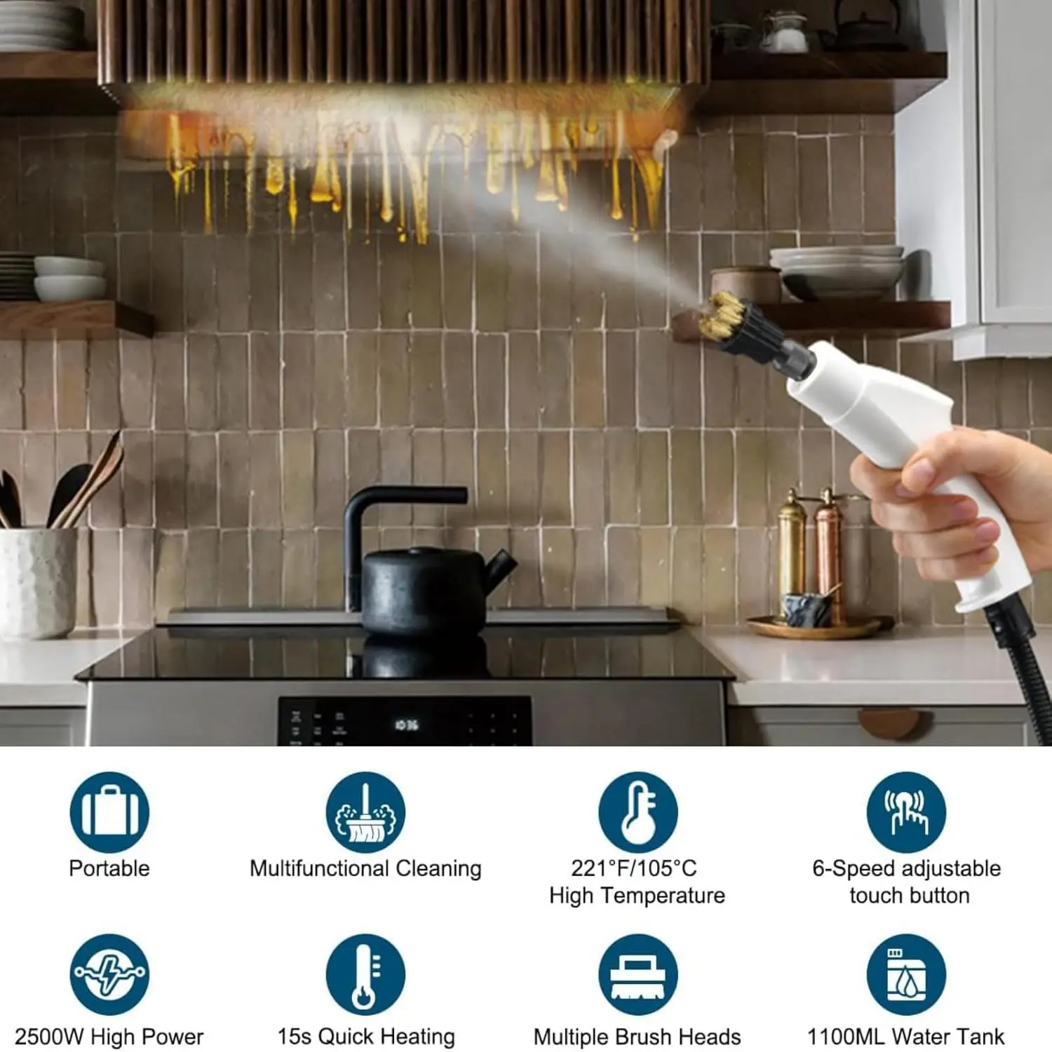 クリーナー 2500W 高温圧力ハンドヘルドスチーム洗浄機 ブラシヘッド付き 7 アクセサリー 床 キッチン バスルーム用