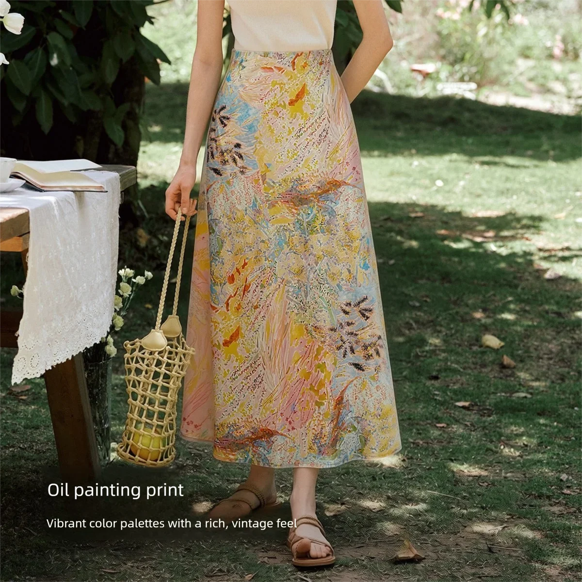 OLrain Vintage Oil Painting Print A-Line Long Skirt for Women 2026 Summer New Elegant Vacation Casual Straight Skirt O58XB008039