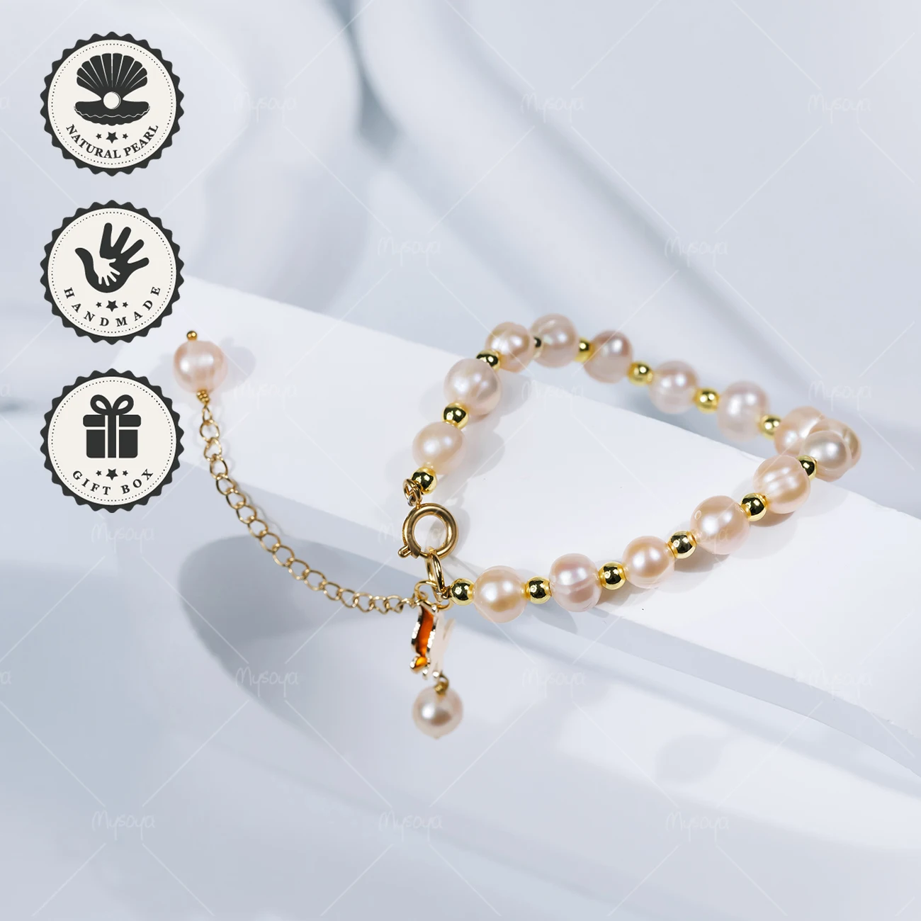 

MYSOYA 7-8mm Pink Freshwater Pearl Bracelet with Golden Butterfly Charm With Gift Box Birthday Valentine’s Day