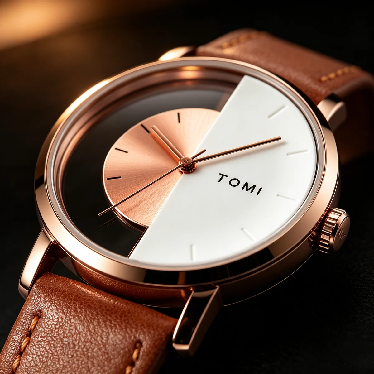 TOMI Creative Watch Men Women Half Transparent Dial Leather Strap Fashion Quartz Wristwatch Reloj Hombre Montre Femme