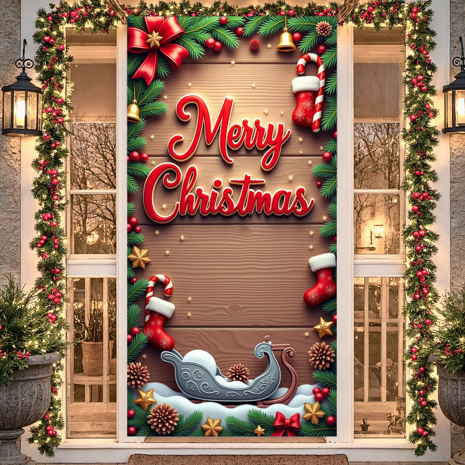 Gingerbread House Holiday Banner Christmas Decoration Cartoon Design Santa Theme for Christmas Party Children Celebration Indoor