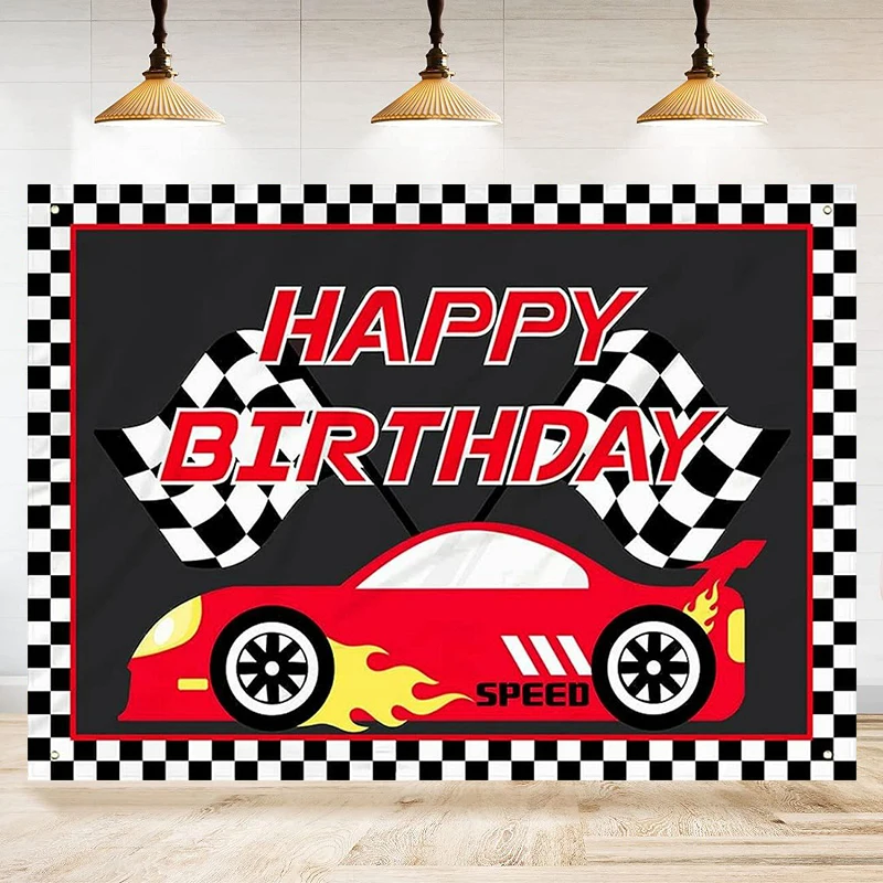 Photography Backdrop Red Race Car Checkered Flags Balloon Birthday Decorations Party Race Finish Line Background Banner