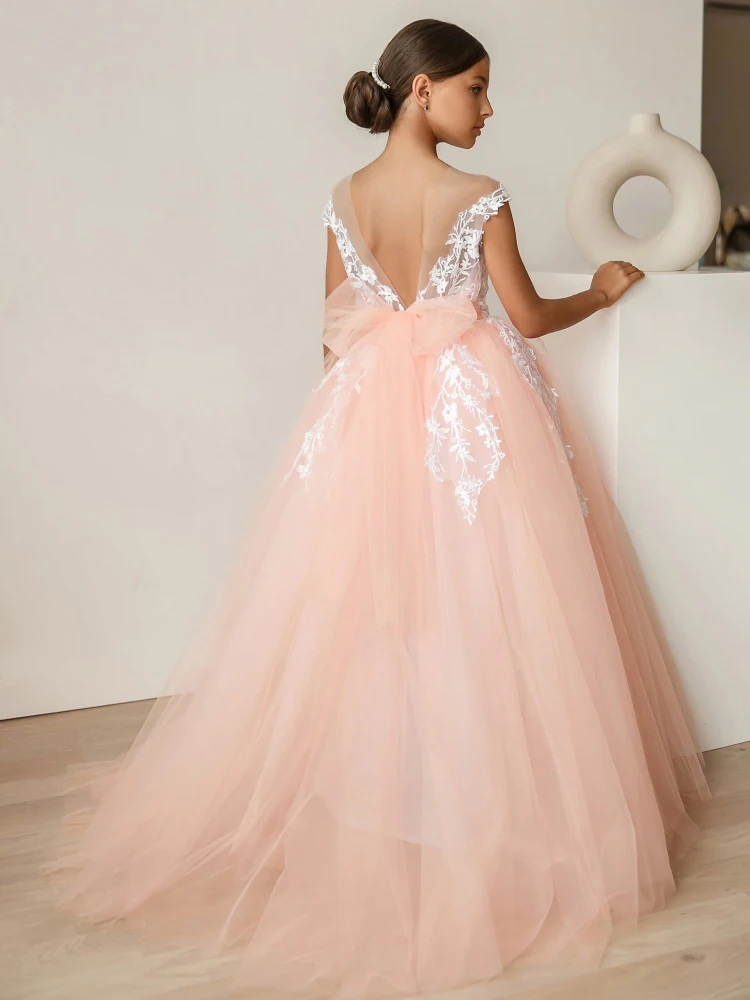 Vestido tule rosa com padrão de flor para meninas, vestidos tule com arco, sem mangas, para casamento, festa de aniversário, primeira comunhão