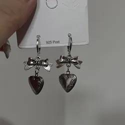 Y2K Coquette Indie Silver Color Bow Charm Heart Dangle Earrings for Women Gunge Handmade Punk Drop Earrings
