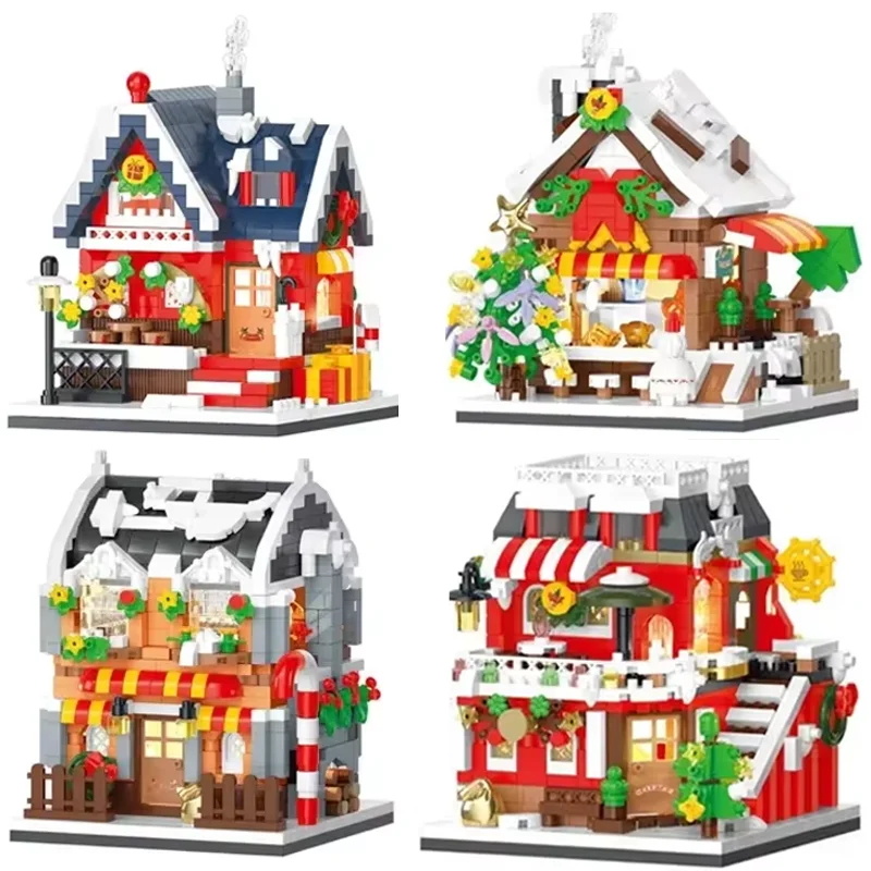 Casa de neve de natal mini blocos de construção conjunto varanda café doces livro loja cidade vista 3d modelo tijolo meninos brinquedos crianças