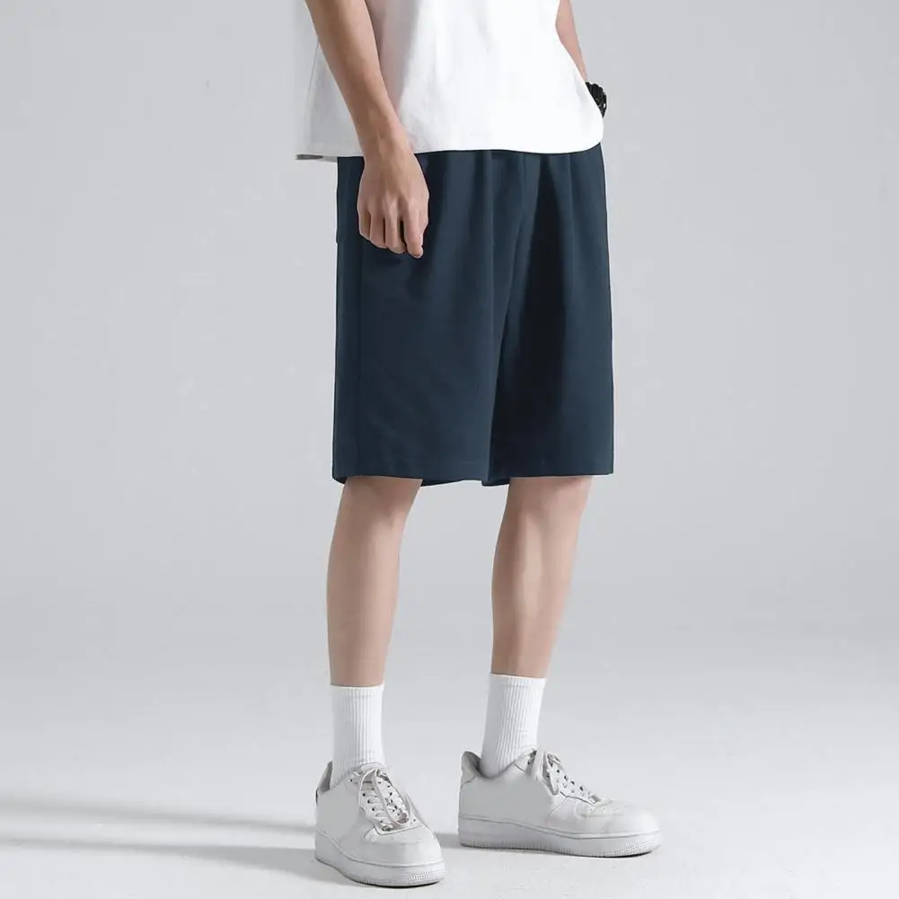 Men Sport Pants With Pockets Loose Drawstring Elastic Waist Knee Length Shorts Solid Color Jogging Gym Pants Exercise Outings
