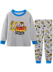 Toddler Boys Cartoon Trucks Excavator Print Long Sleeve Two Piece Pajamas Sets