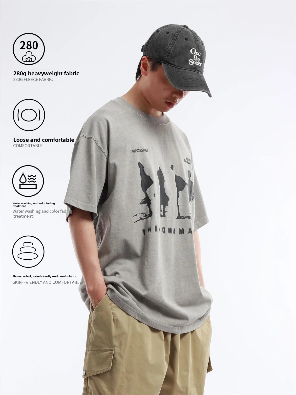Washed Cotton round Neck Short Sleeve T-Shirt Men's Retro American Style Creative Fun Print Breathable Comfortable Summer Tee