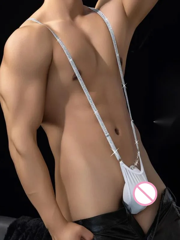 

2024 New Design Sense Bright Diamond Slim Shoulder Strap Men's Low Waisted High Fork Hollow Out Breathe Bodysuits Thongs 4G44