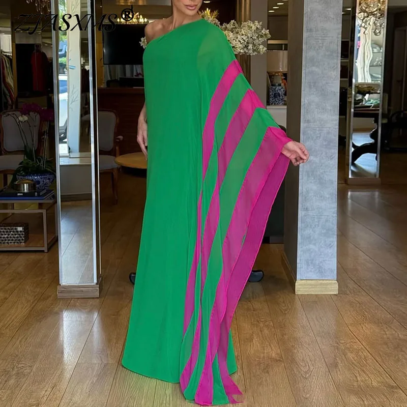 

Элегантное женское макси-платье в стиле бохо с одним открытым плечом, свободного кроя, с цветовыми блоками, для весенних вечеринок, летнее, с открытой спиной, ажурное, для отпуска