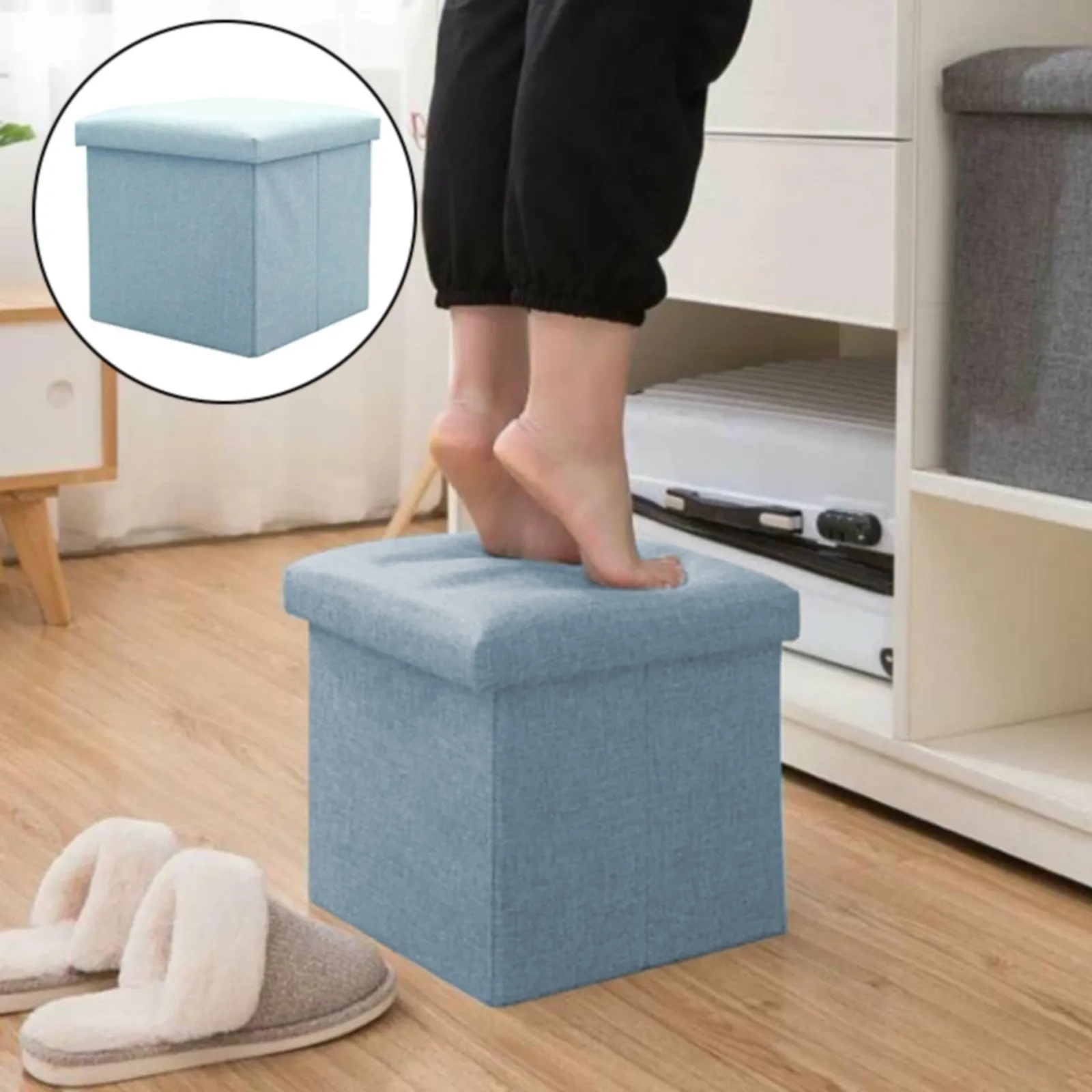 Portable Cubic Storage Foot Stool Foldable Cotton Linen Storage Stool Large Capacity Storage Footstool Multifunctional Furniture