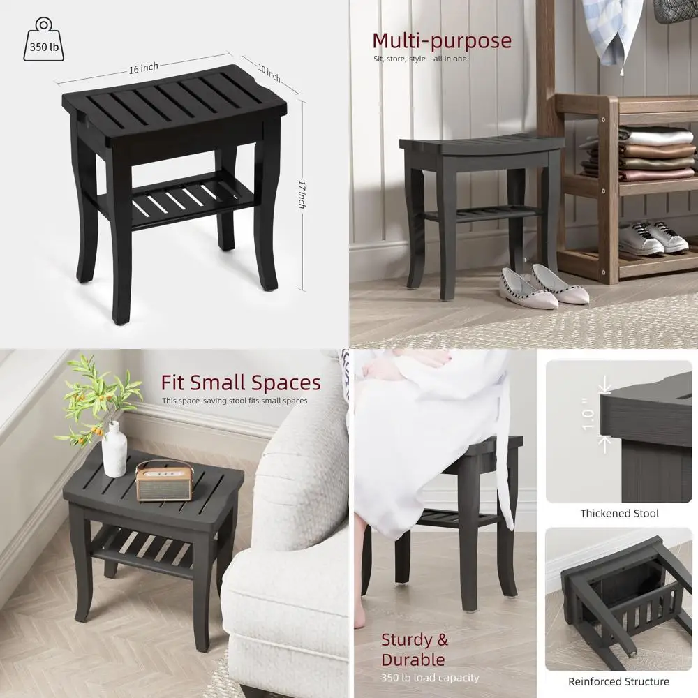 

Eco-Friendly Bamboo Shower Seat with Storage, Waterproof Bath Stool for Spa and Seniors, Suitable for Indoor & Outdoor Use, Blac