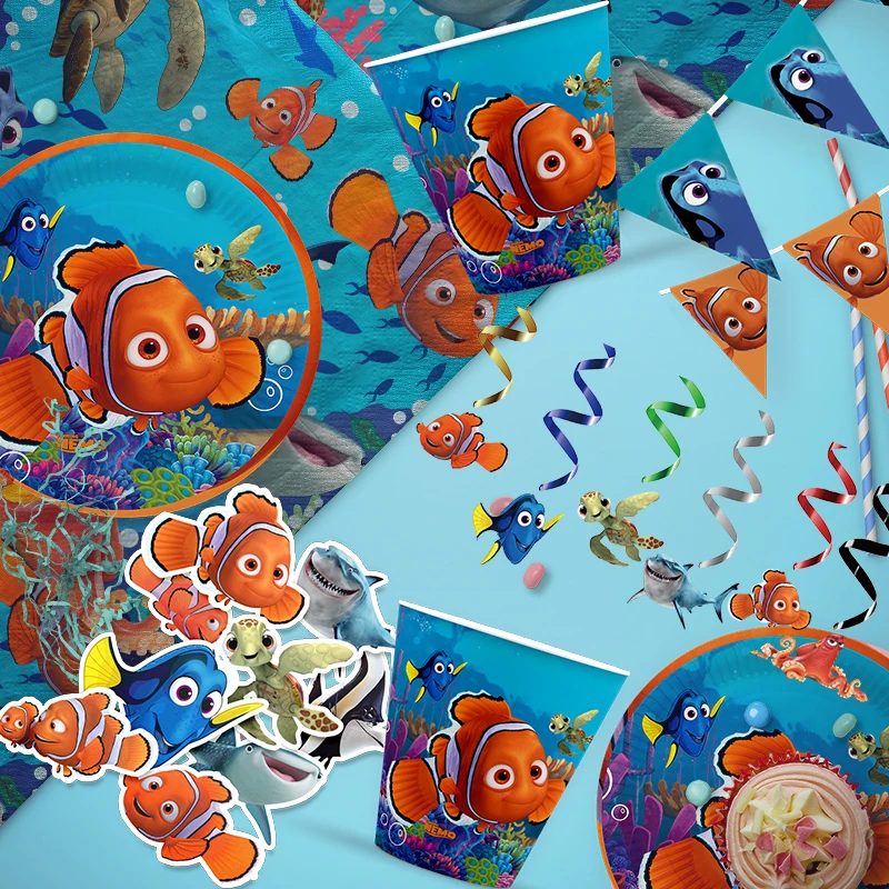 Finding Nemo Theme Birthday Party Decorations Cake Topper Balloons Happy Birthday Swirls Stickers Kids Party Supplies Decor