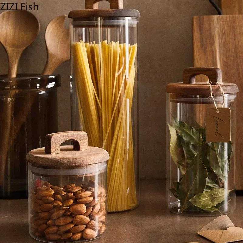 Wooden Lid Glass Storage Jar Creative Modern Household Miscellaneous Storage Grain Jar Kitchen Food Sealed Ornaments
