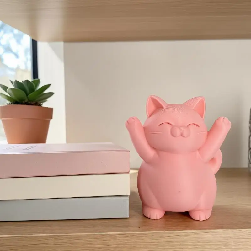 Chubby Pink Cat Hugging Ornament Cute Small Desktop Figurine Fun Decor for Bookshelf Living Room Kids Birthday Surprise Gift