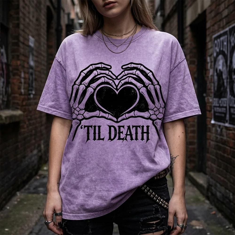 Women Vintage Washed T Shirt Skeleton Heart TIL DEATH Graphic Oversized Short Sleeve Cotton  Loose Gothic Tops
