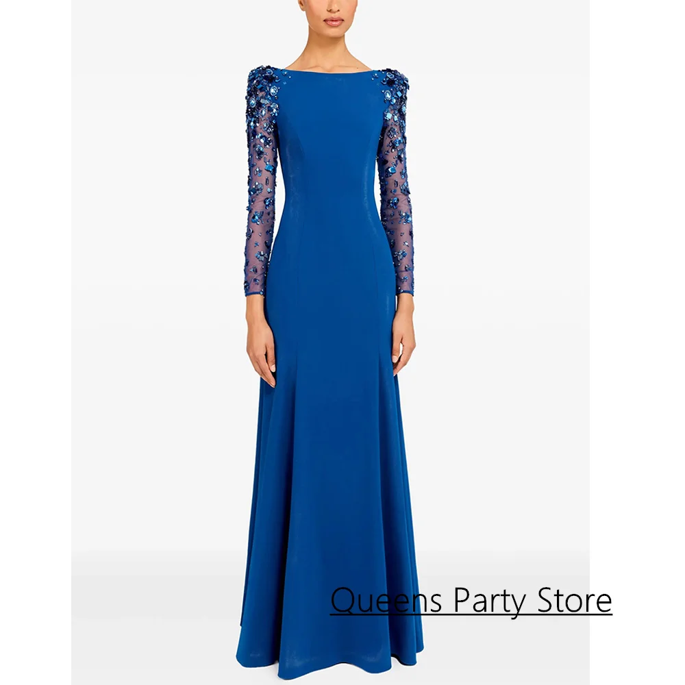 

Woman Evening Dress Customized Scoop Neck Beading Crystal Long Sleeves Floor Length Saudi Arabia Prom Dresses Party Gown