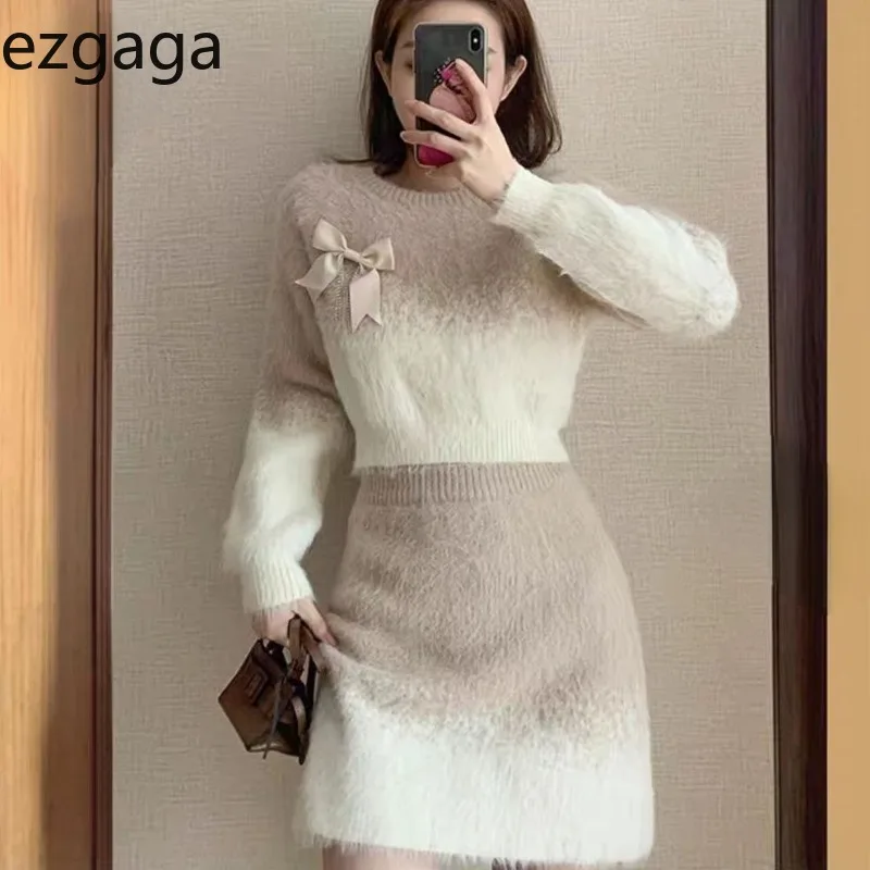 Ezgaga Knitted Two Piece Sets Women Gradient Bow Cropped Sweater Knit Pullover Mini Skirts Autumn Winter Stretch Elegant Suits