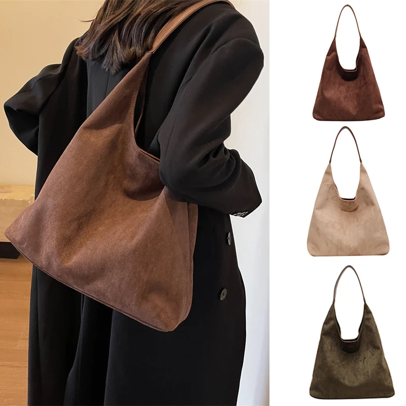 

Women Suede Shoulder Bag Large Capacity Fashion Retro Single Shoulder Bag Solid Color Simple Casual Tote Handbag Female Bag