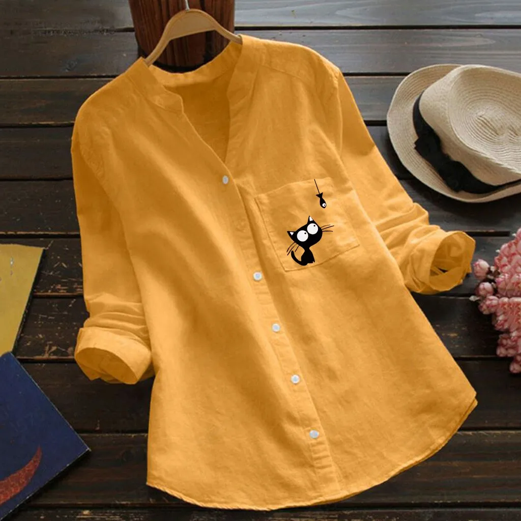 Women's Shirt Blouse Cute Cat Printed Blouse Shirt Cotton Linen Shirt Solid Colour Casual Loose Long Sleeve Button Shirt Blouse