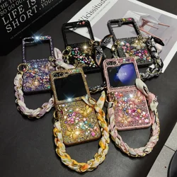 For Samsung Galaxy Z Flip 7 6 5 4 3 F7110 Unique Cute Diamond Elegant Bling Crystal Butterfly Silk Stone Wrist Phone Case Cover
