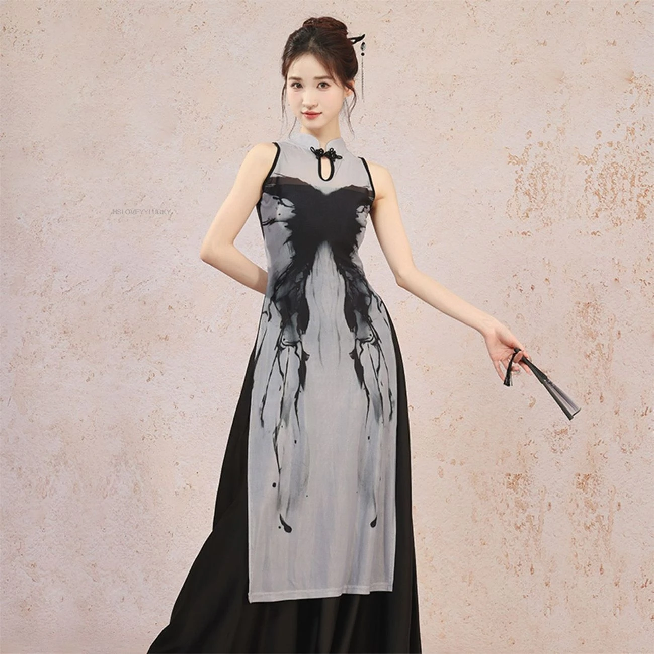 Classical Dance Costume Butterfly Ink Wash Print Qipao National Style Gauze Dress Dance  Practice Clothing Long Style Cheongsam