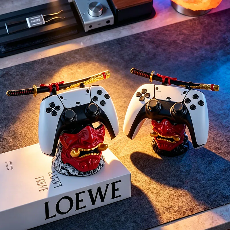 Cool Red Oni Mask Resin Game Controller Holder Samurai Sword Stand for PS5 Xbox Gaming Room Bedroom Desktop Tabletop Decoration