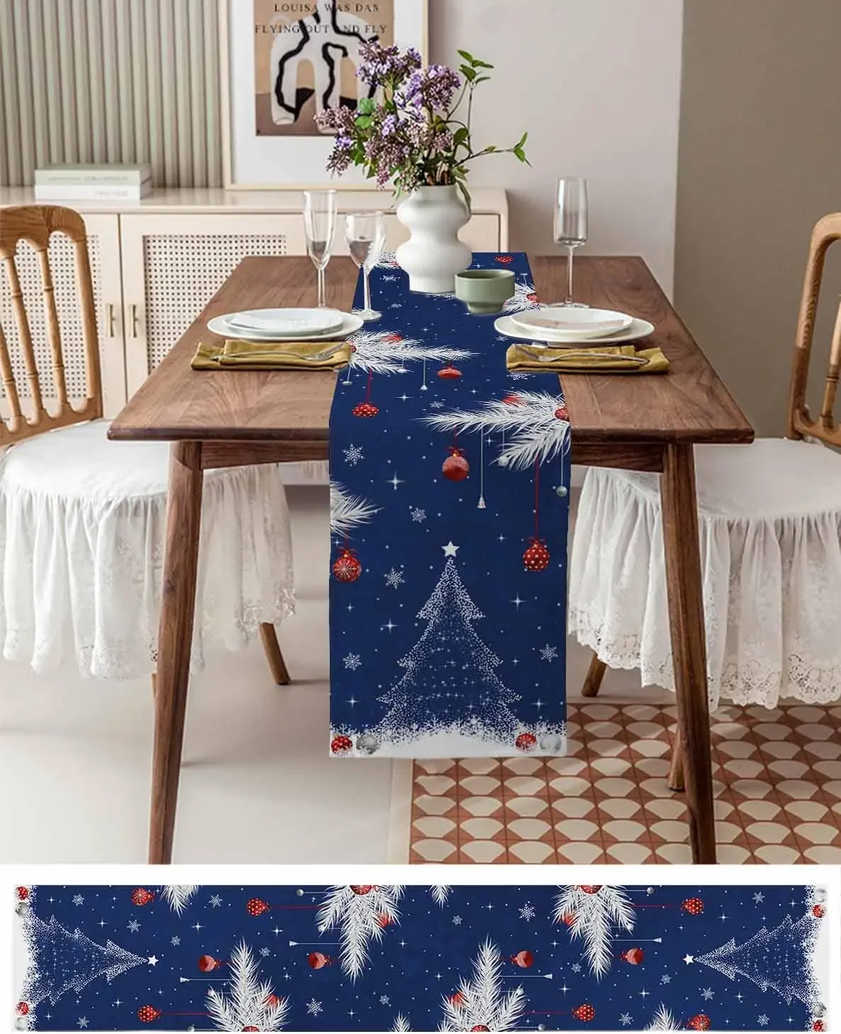 1Pc Christmas Tree Style Table Runner Blue Snowflake Star Ornament Print Table Cover For Dining Table Kitchen Party Decoration T