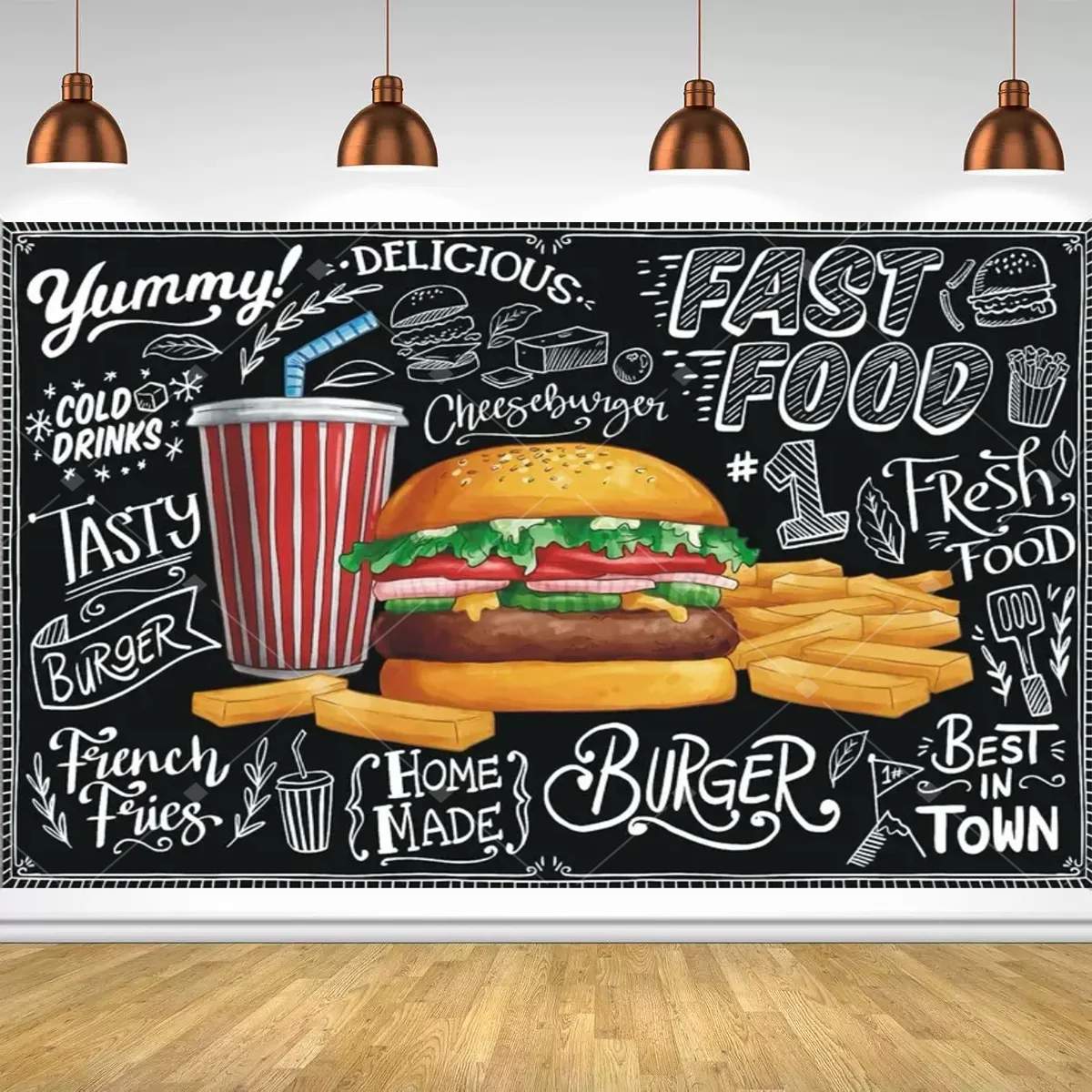 Fast Food Hamburger French Fries  Graffiti Style Photo Backdrop Kids Birthday Party Supplies  Restaurant Booth Decoration Banner view 3