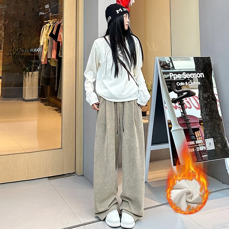 กางเกงขายาวผ้าฟลีซคอร์ดูรอยทรงตรงเอวสูงสำหรับผู้หญิง สไตล์ลำลอง กางเกงวอร์มขายาวเอวสูงทรงขากว้าง