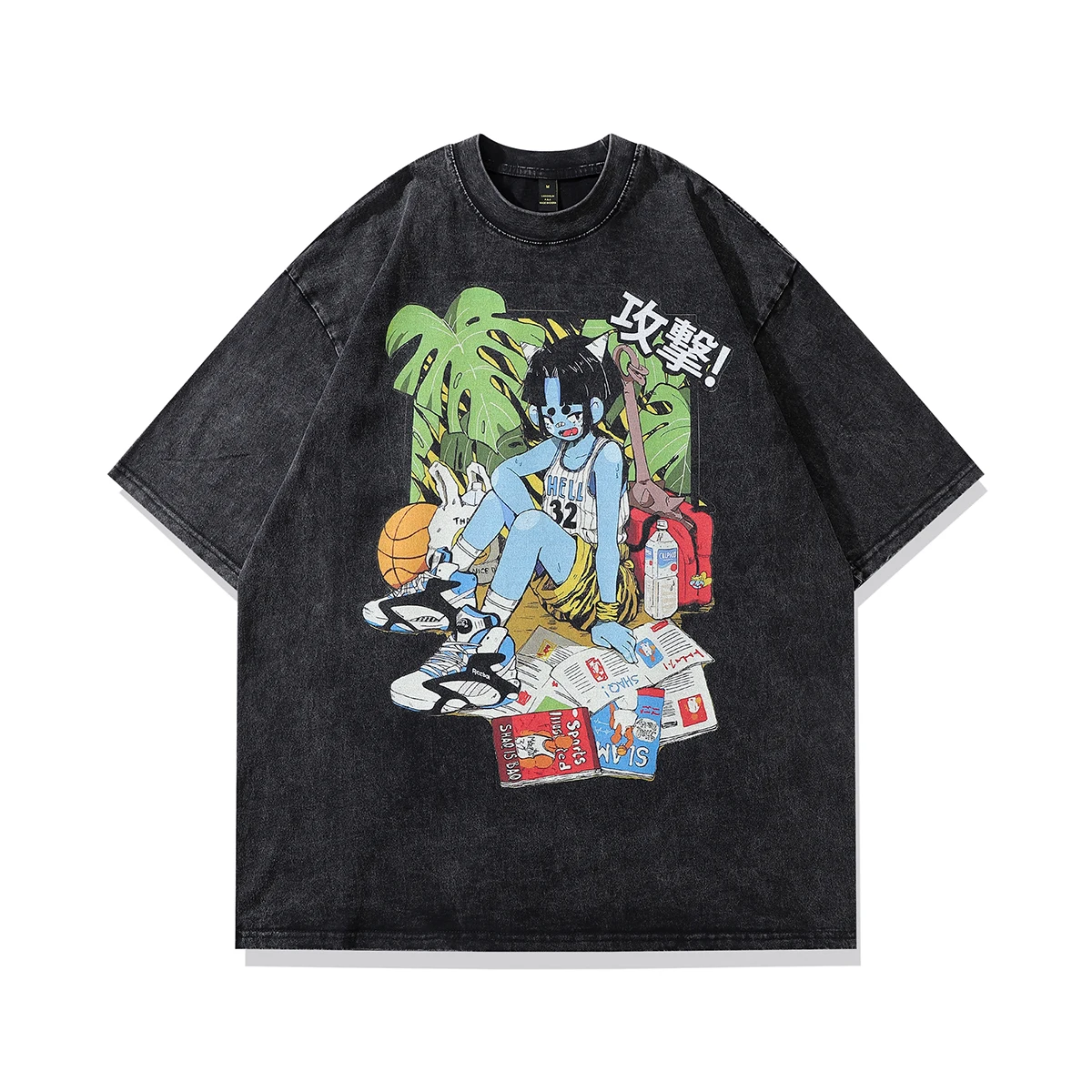 

Dark Icon Cartoon Printed Oversized Hip Hop T-shirt Men Summer After Washing Cotton Tee Male Top