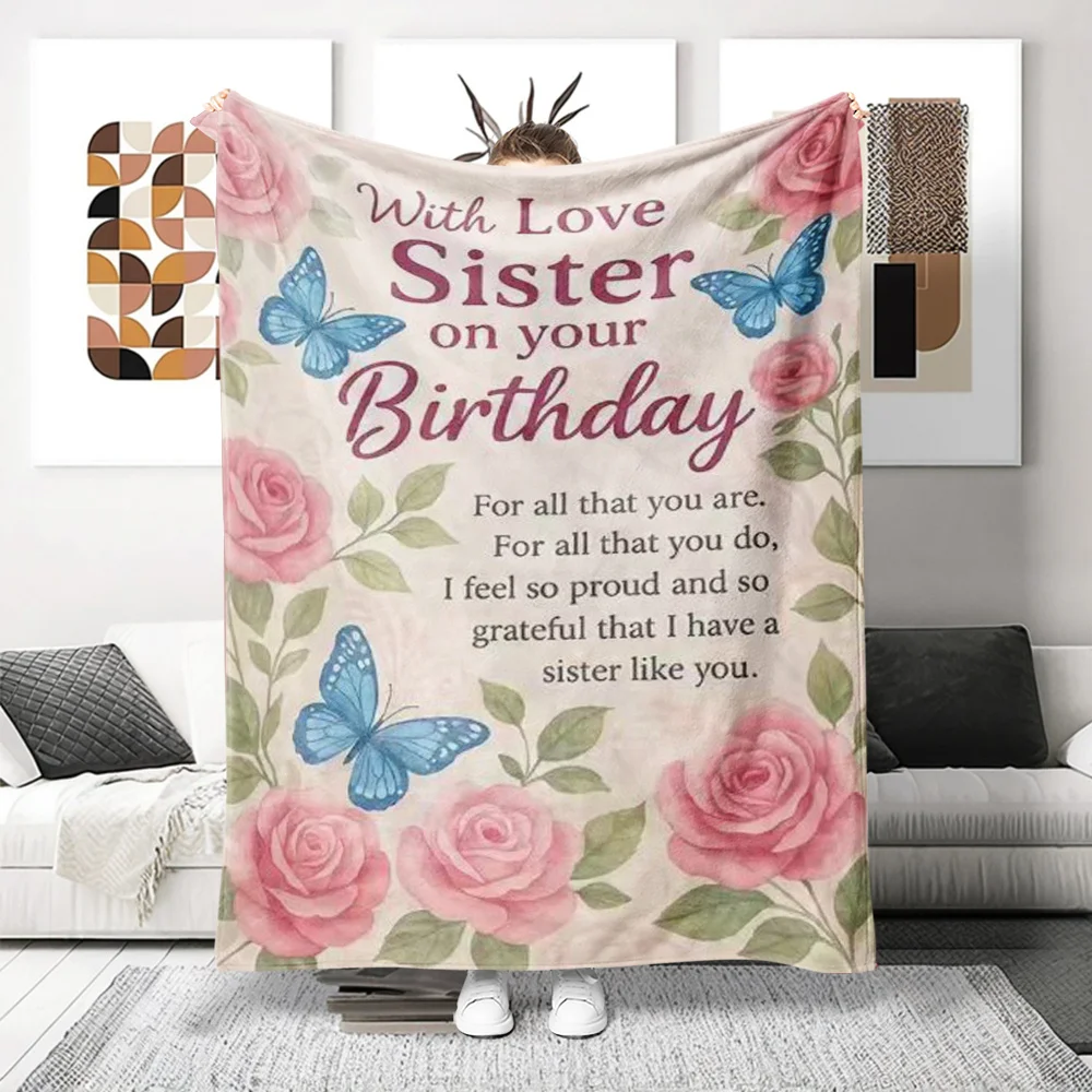 

1pc Flannel Throw Blanket with Pink Rose and Butterfly Pattern, Perfect Holiday Gift for Family, Friends, Brothers, Sisters