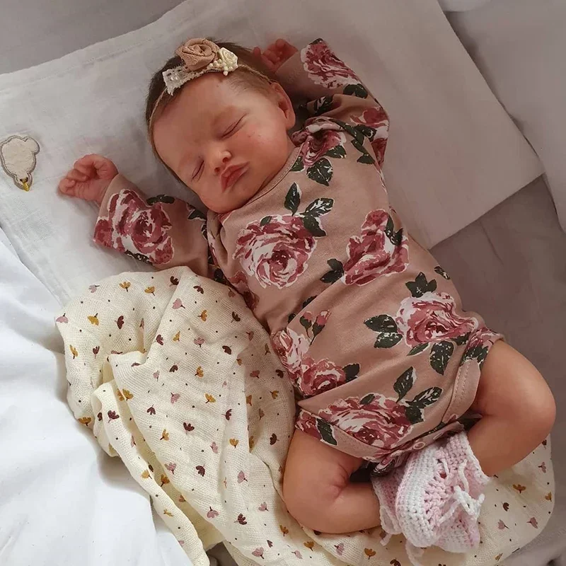 45CM Reborn Sleeping Baby Doll Rosalie with Hand-Root Hair Hand Details Painting 3D Skin Tone Handmade Real Looking Baby Dolls