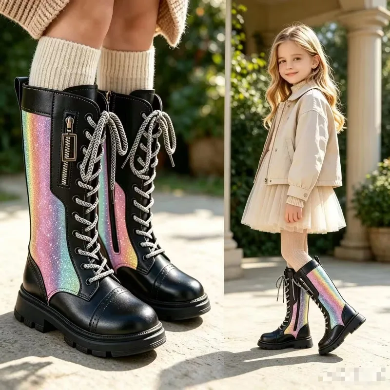 New Kids Non-Slip High-Top Boots Student Non-Slip Warm High-Top Boots Kids High-Top Soft-Soled Shoes Girls Trendy Shiny Boots