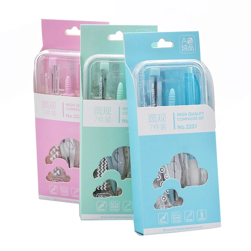 7pcs/Set Creative Ruler Sets For Students Stationery Pencil Compass Exam Draw Tools School Office Supplies