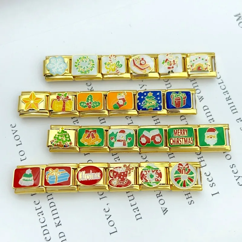 2024 New Golden Christmas Santa Series Itanlian Charms Fashion Stainless Steel Elastic Modular Bracelet Jewelry Gift Bulk