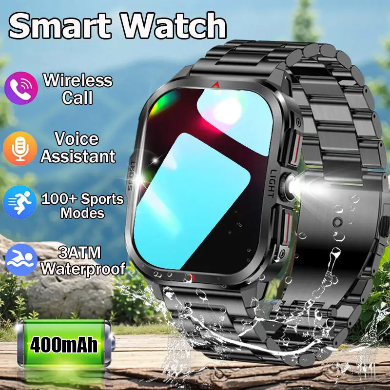 ساعة ذكية للرجال 2.01 "شاشة عالية الوضوح 240*296 3ATM مصباح يدوي مقاوم للماء بطارية 400 مللي أمبير في الساعة ممارسة كشف معدل ضربات القلب