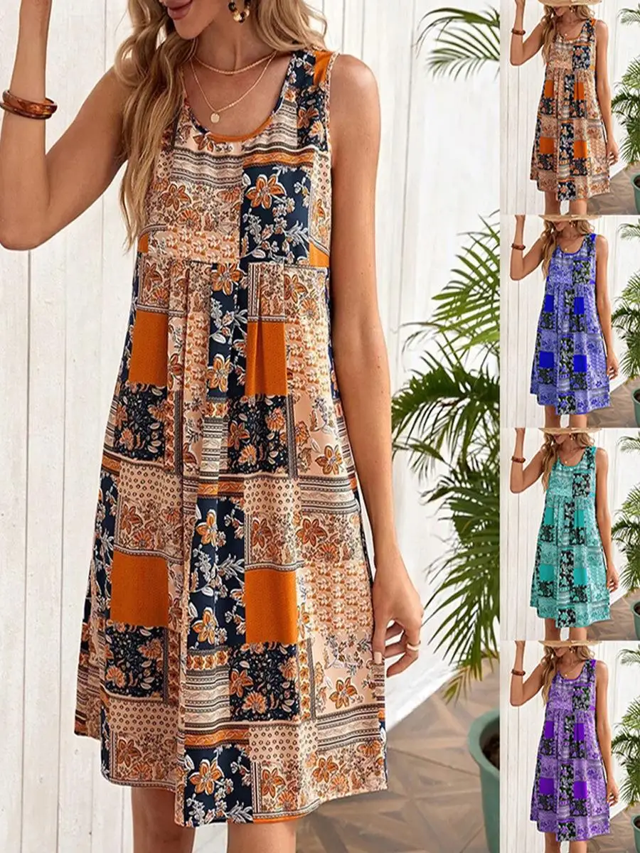 Damskie letnie sukienki Boho Mini 2025 bez rękawów Party Beach Casual sukienka z nadrukiem elegancka luźna O Neck Vintage Vestidos
