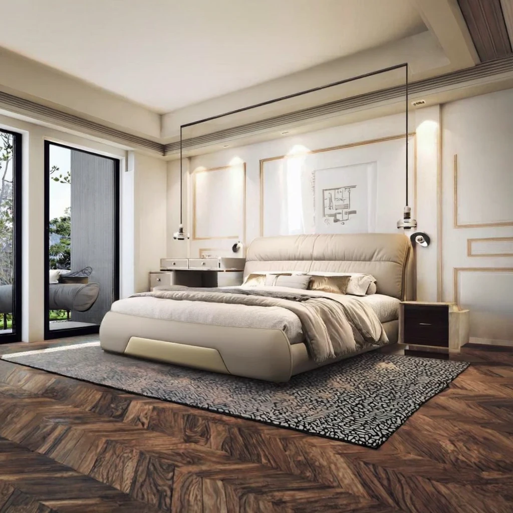 Custom Modern Luxury Bedroom Furniture Wooden Frame Genuine Leather Upholstery Durable & Eco-Friendly Double Bed