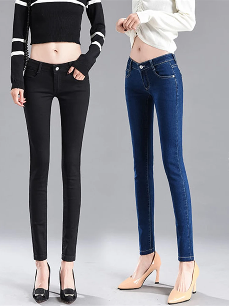 Low Waist Elastic Black Jeans Women's Spring Summer Slimming Long Blue Jeans Autumn New Style Women's Fashion Cotton Stretch ...