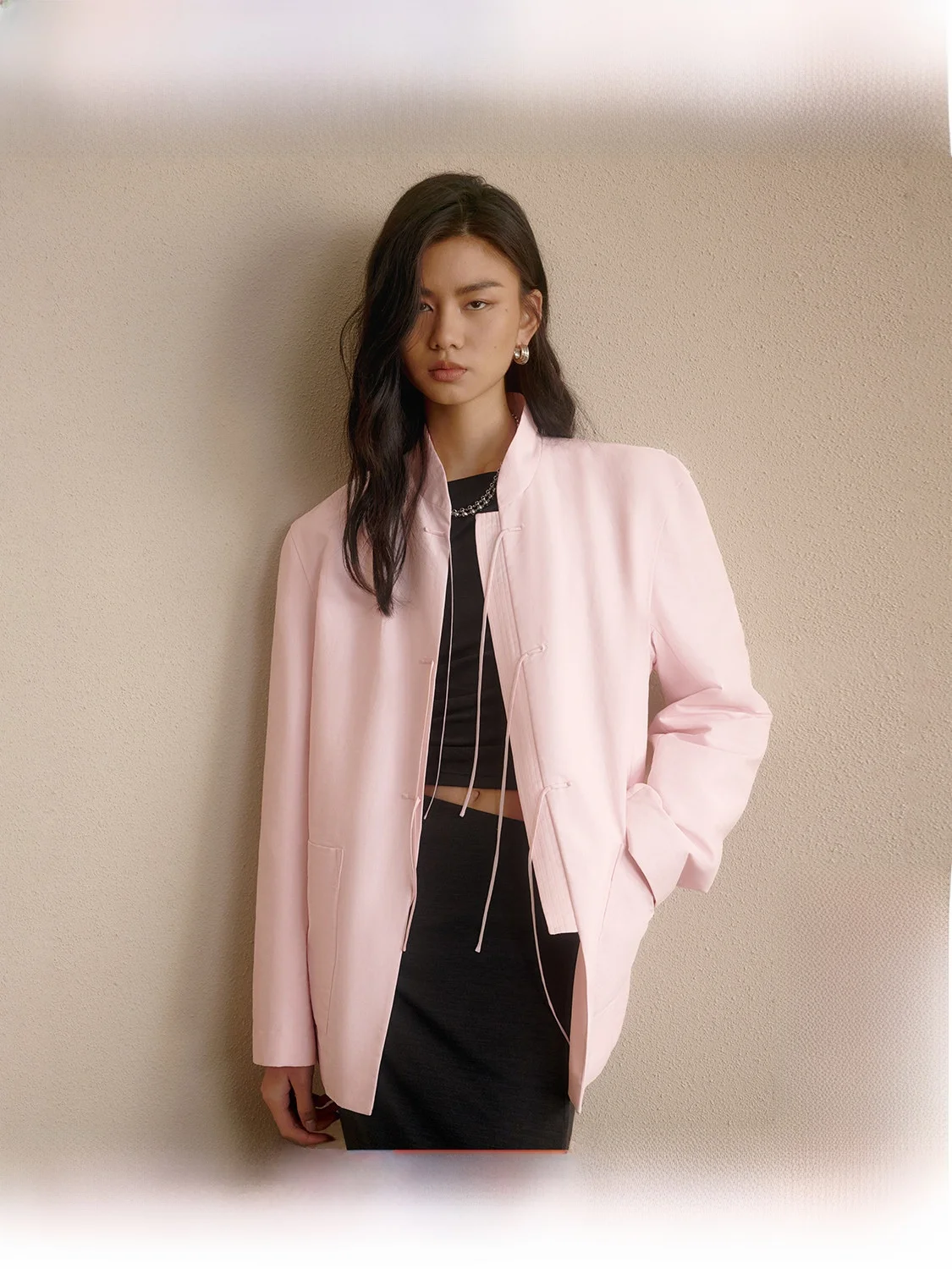 

ZhiZhi Chinese Sle Casual Bla Jaet Women's Autumn Elegance One-Button Coat Loose Fit Long Sve Stand Collar PU Material