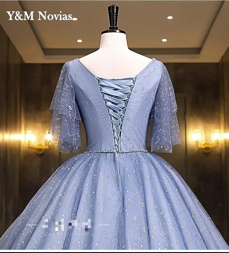 Y & m novias vestido de baile azul doce 16 quinceanera vestido 2022 novo decote em v apliques lantejoulas vestido de festa da princesa vestidos de 15 anos