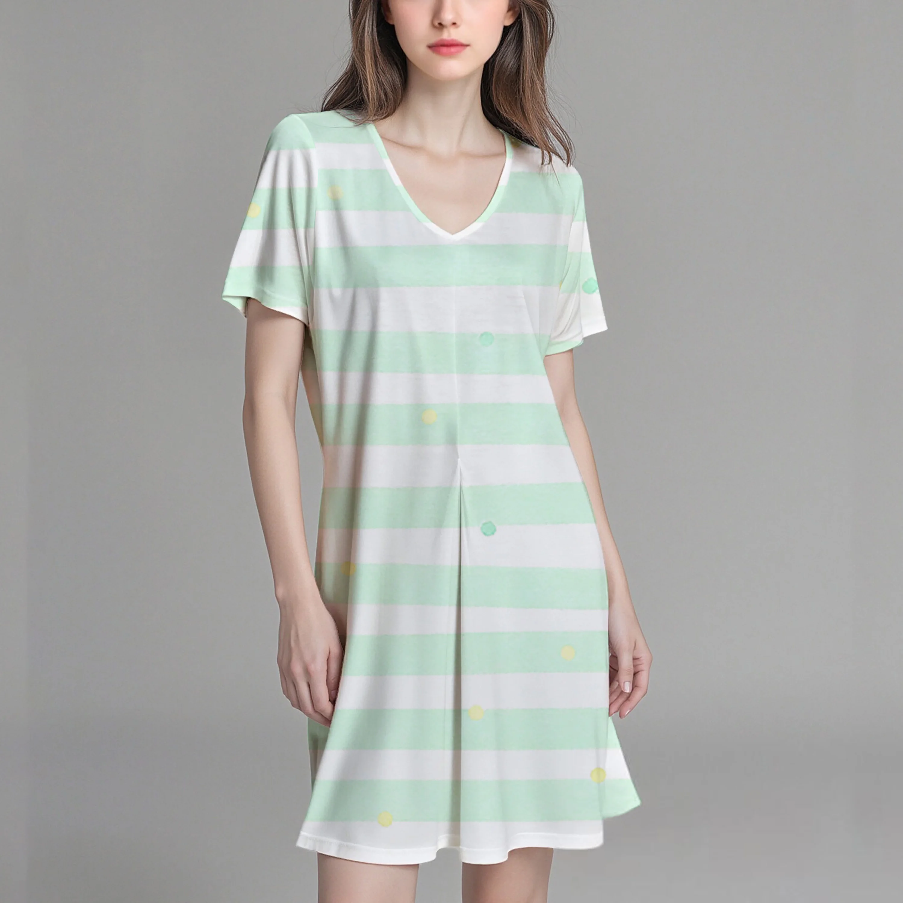 Nieuwe damesjurk/T-shirt met V-hals en korte mouwen met gestreept patroon, licht rekbare stof, casual en comfortabel