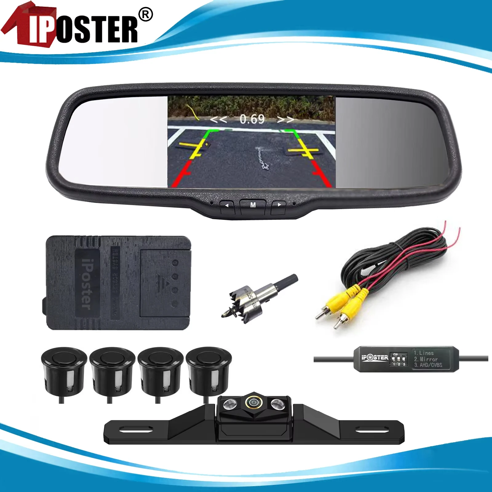 

iPoster 7 Inch Car Rear View Mirror Monitor Backup Camera clip & Windscreen Suction+Parking Radar Sensor Fisheye Lens Universal