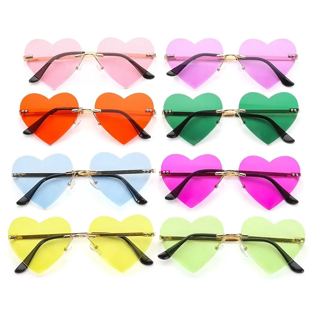 Halloween Cosplay Costume Party Metal Sun Glasses Heart-Shaped Rimless Heart Sunglasses Pink Hippie Sunglasses