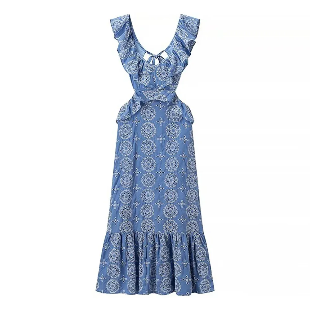 

LIBIELIY 2025 Summer New Women's European And American Style Heavy Industry Cotton Embroidery Stacked Decorative Midi Dress