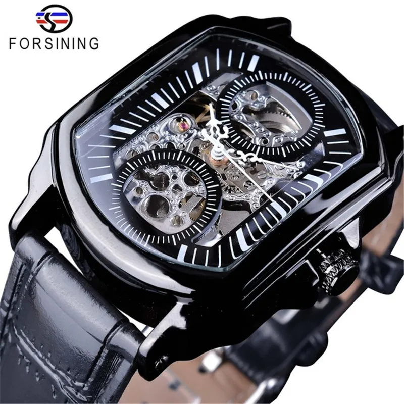 

FORSINING Men's Mechanical Watch Luxury Automatic Self-Wind Movement Skeleton Irregular Rectangular Dial Design PU Leather Strap