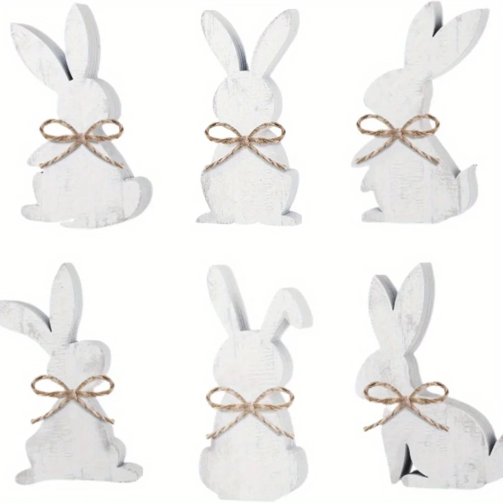 6 Pieces Of Wooden Bunny Shaped Table Logo With Jute Rope And Wool Ball Tail Independent Easter Tabletop Decoration (Minimalist